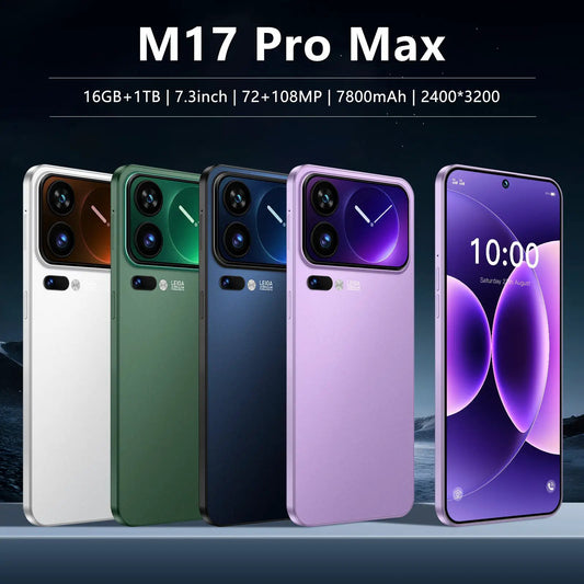 M17 Pro Max Smartphone five-color AdTec lineup: white, green, blue, purple, lavender with front display