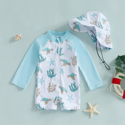 Maillot de bain une pièce à manches longues avec chapeau pour enfants