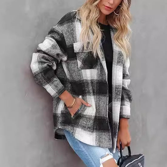 Chaqueta de cuadros con hebilla para mujer, a la moda, informal, de manga larga