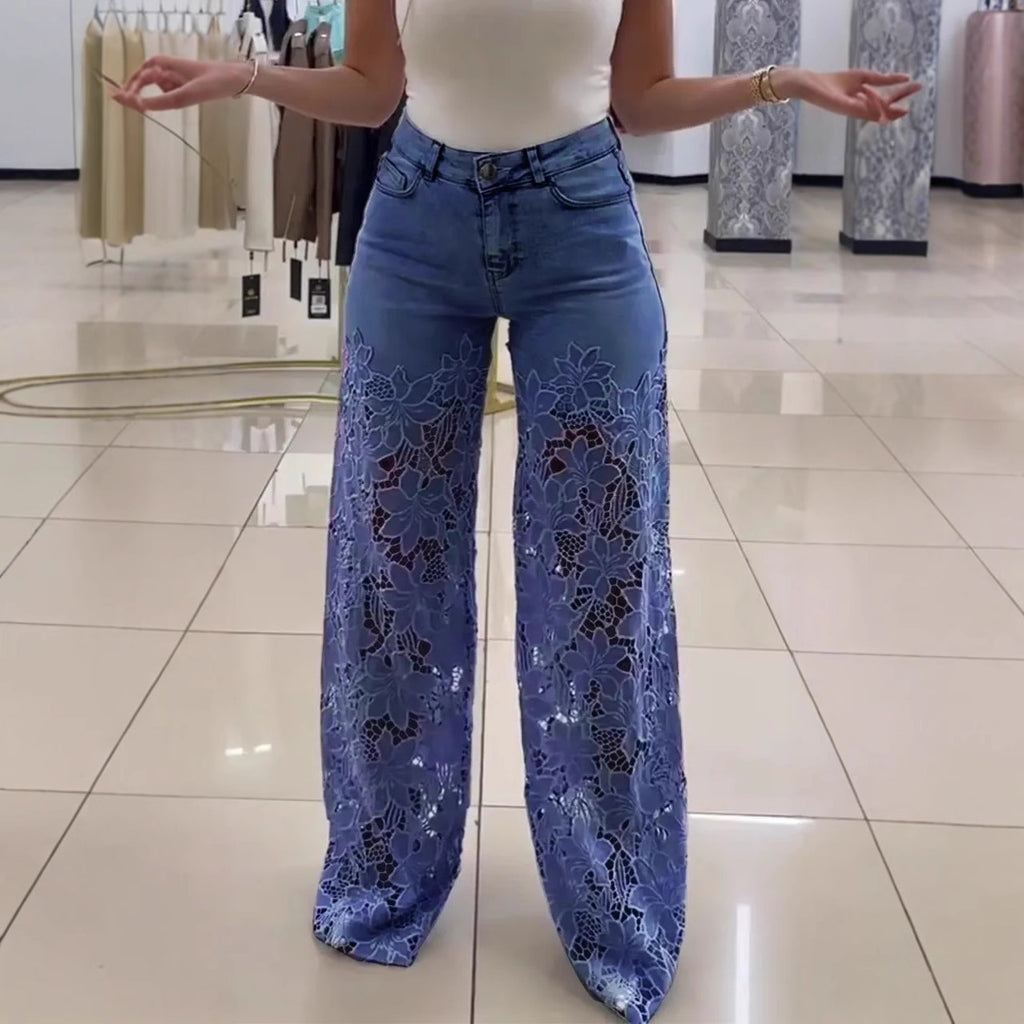 Fashionable Patchwork Denim Jeans For Women With Hollowed-Out Lace Details