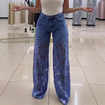 Jeans en jean patchwork tendance pour femmes avec détails en dentelle ajourée
