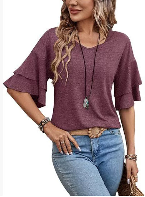 T-shirt ample à col en V et manches volantées, couleur unie, haut mi-manches, vêtements pour femmes