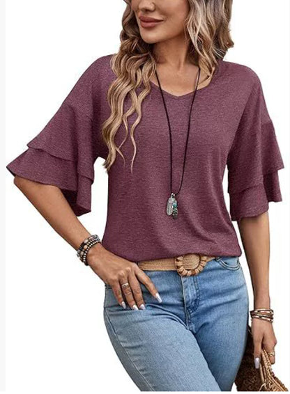 T-shirt ample à col en V et manches volantées, couleur unie, haut mi-manches, vêtements pour femmes