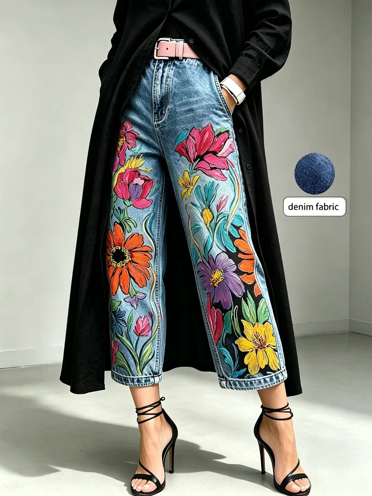 Denim Capri pants by AdTec, green with vibrant floral embroidery, wide-leg, mid-rise