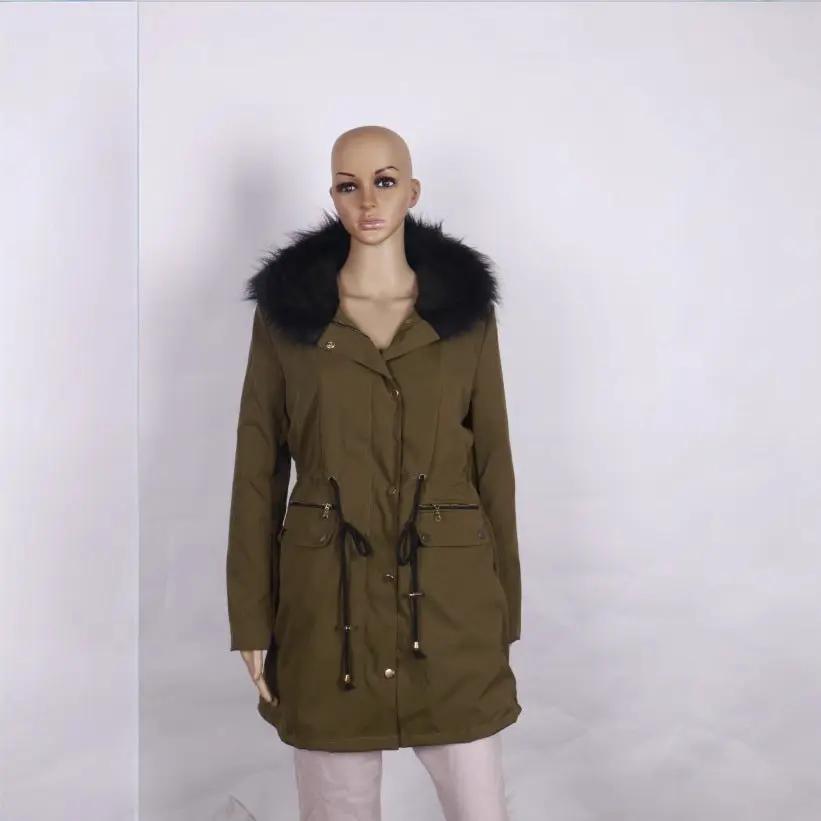 Olive women's parka with black faux-fur hood, mid-length, zip front, drawstring waist and pockets.