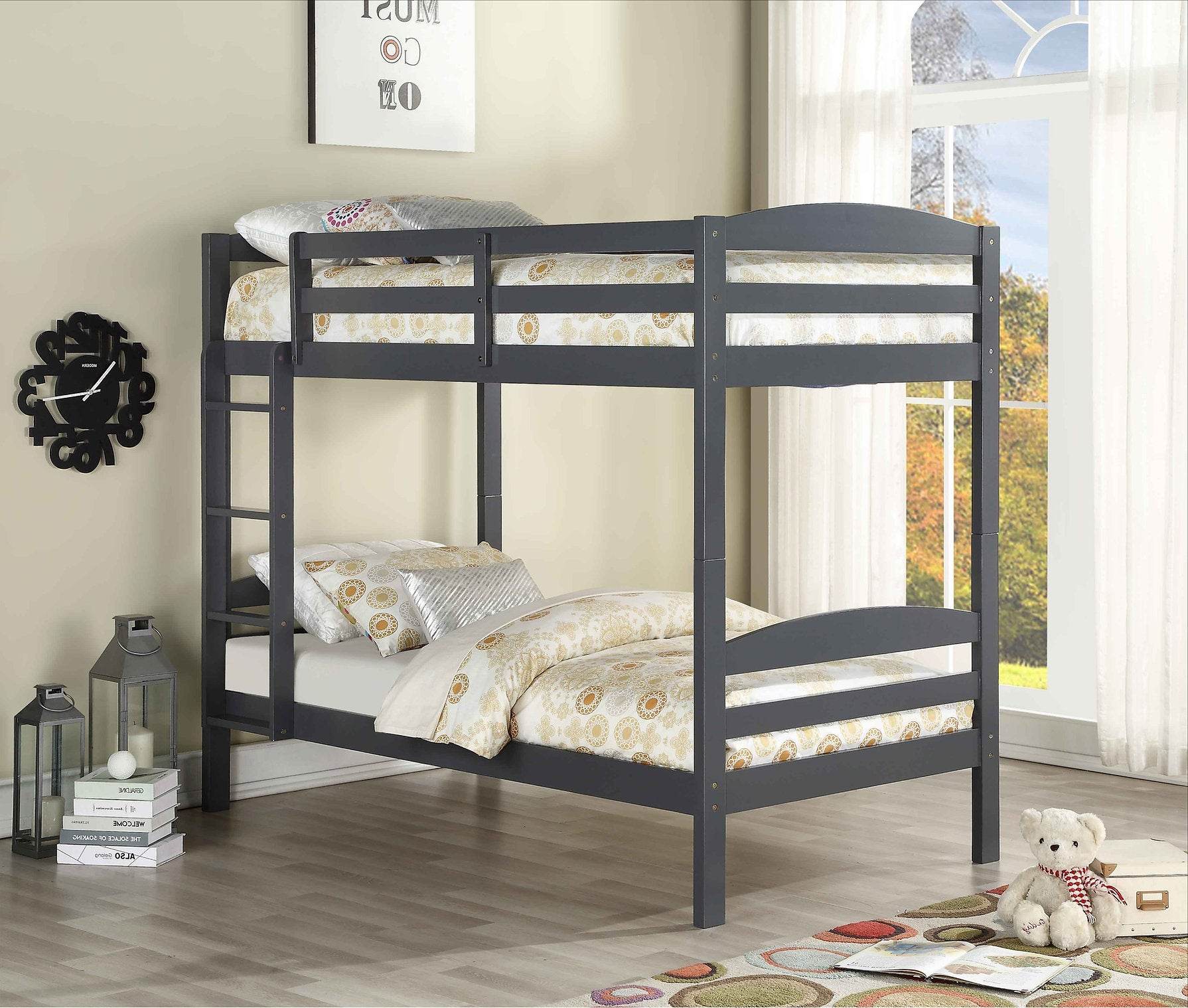 Solid Wood Single over Single Bunk Bed Espresso Gray or White-1