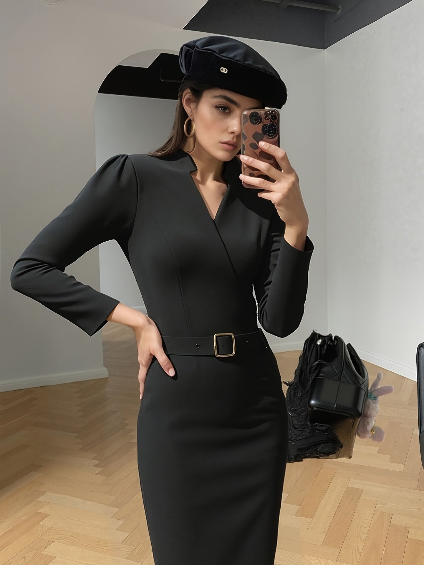Robe-tailleur décontractée ajustée, col en V, manches longues, pour le bureau