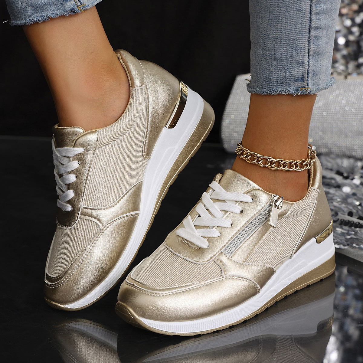 Chaussures décontractées à lacets pour femmes, à fermeture éclair latérale, semelle épaisse, pour la marche, la course et le sport