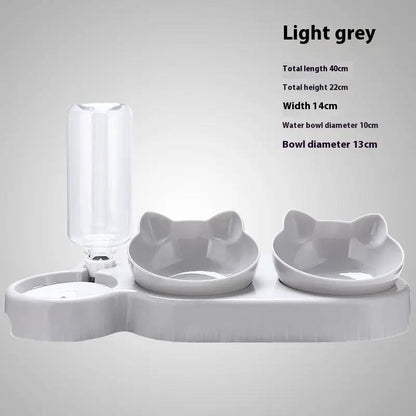 AdTec dual-bowl pet feeder with water bottle, light grey base, two bowls.