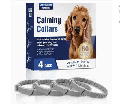 AdTec Calming Collars for dogs, 4-pack; blue packaging with gray collars, 25 inches long and 0.6 inches wide.