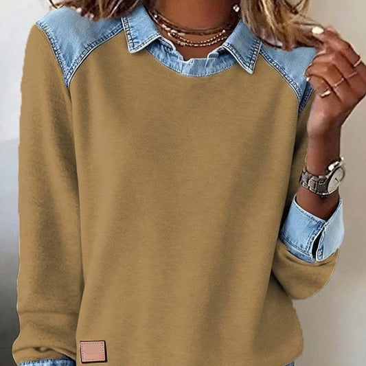 Top de punto patchwork de manga larga con cuello de mezclilla