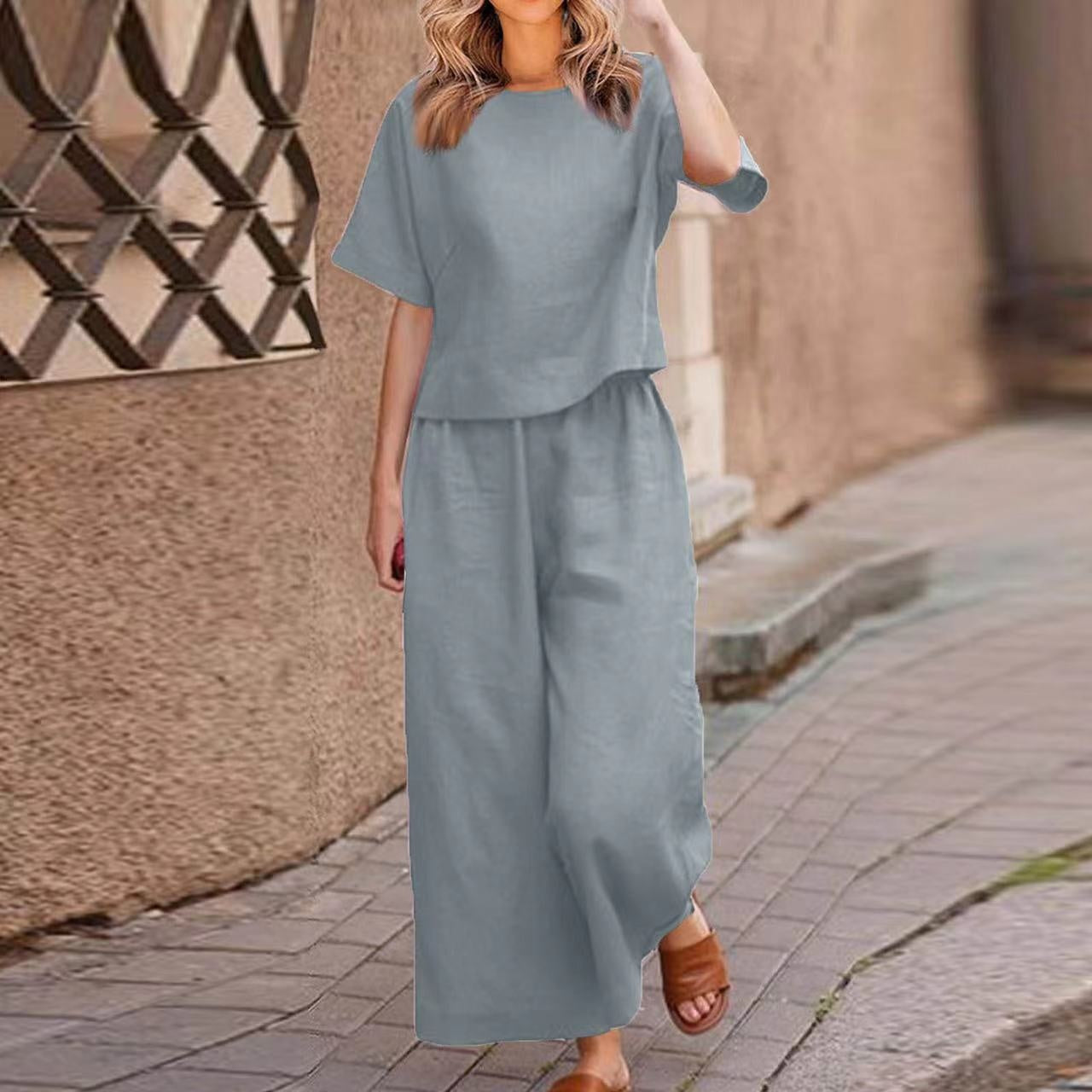 Traje de dos piezas de lino informal holgado de color sólido para mujer europea y americana