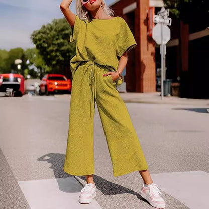 Ensemble deux pièces short et haut à manches courtes décontracté pour femme, texture couleur unie
