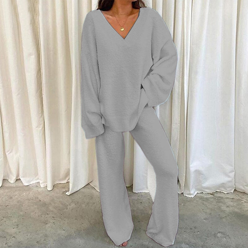 Comfortable Solid Color V-Neck Casual Daily Home Warmer Two-Piece Set
