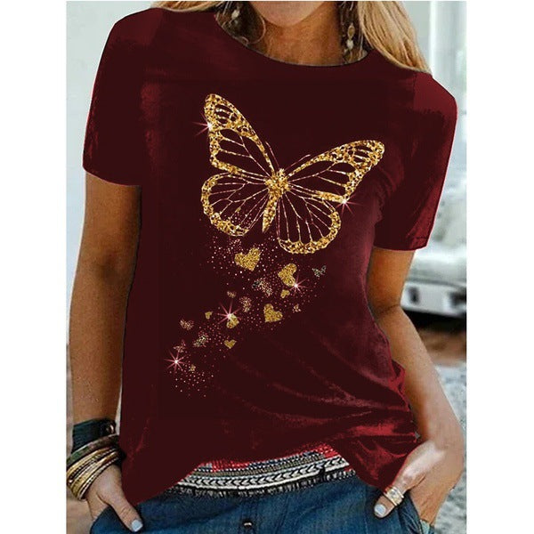 Camiseta de Manga Corta con Cuello Redondo y Estampado de Mariposas