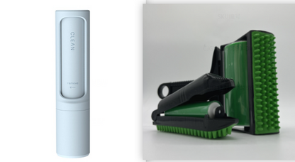 2-item pet hair remover set: light blue self-cleaning lint roller and green/black brush