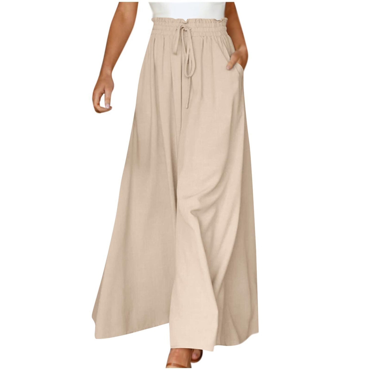 Pantalon long taille haute et large pour femme avec ceinture élastique