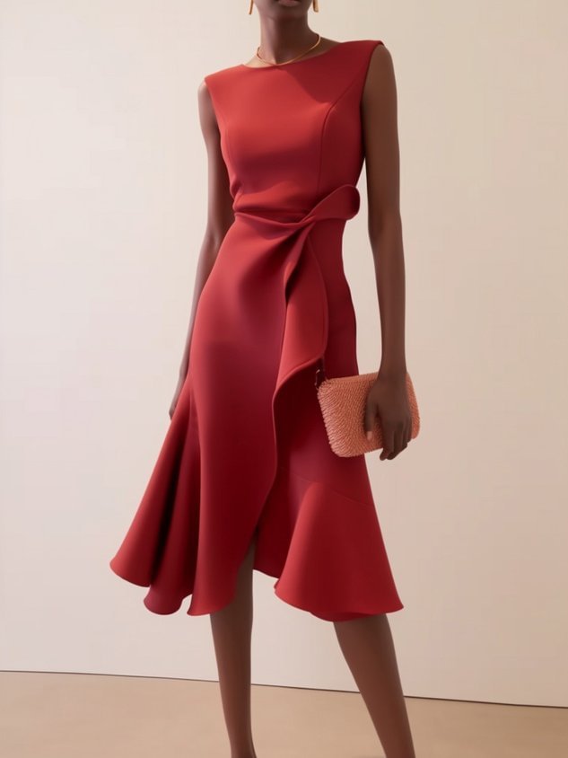 Women's Sleeveless Round Neck Red Temperament Dress