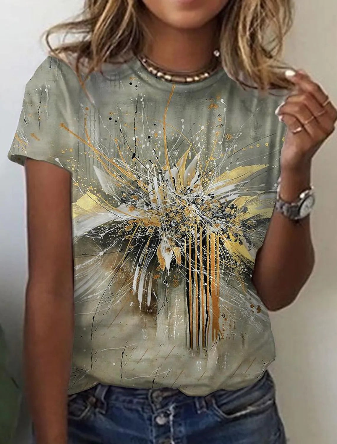 Manga corta con estampado retro abstracto para mujer de la nueva colección europea y americana