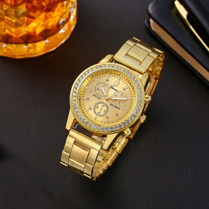 Montre à quartz dorée Genève à bracelet en acier
