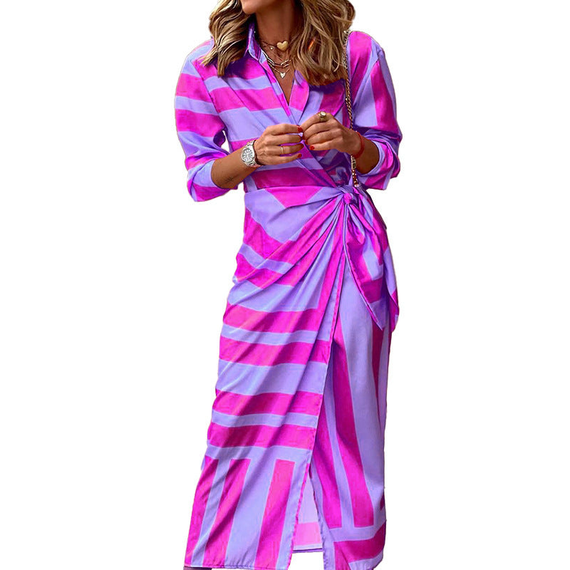 Robe à rayures imprimées de style européen et américain avec cardigan à lacets