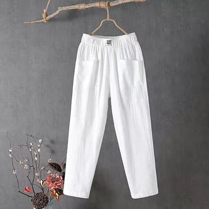 Pantalon décontracté en coton et lin pour femme, coupe droite amincissante, longueur capri