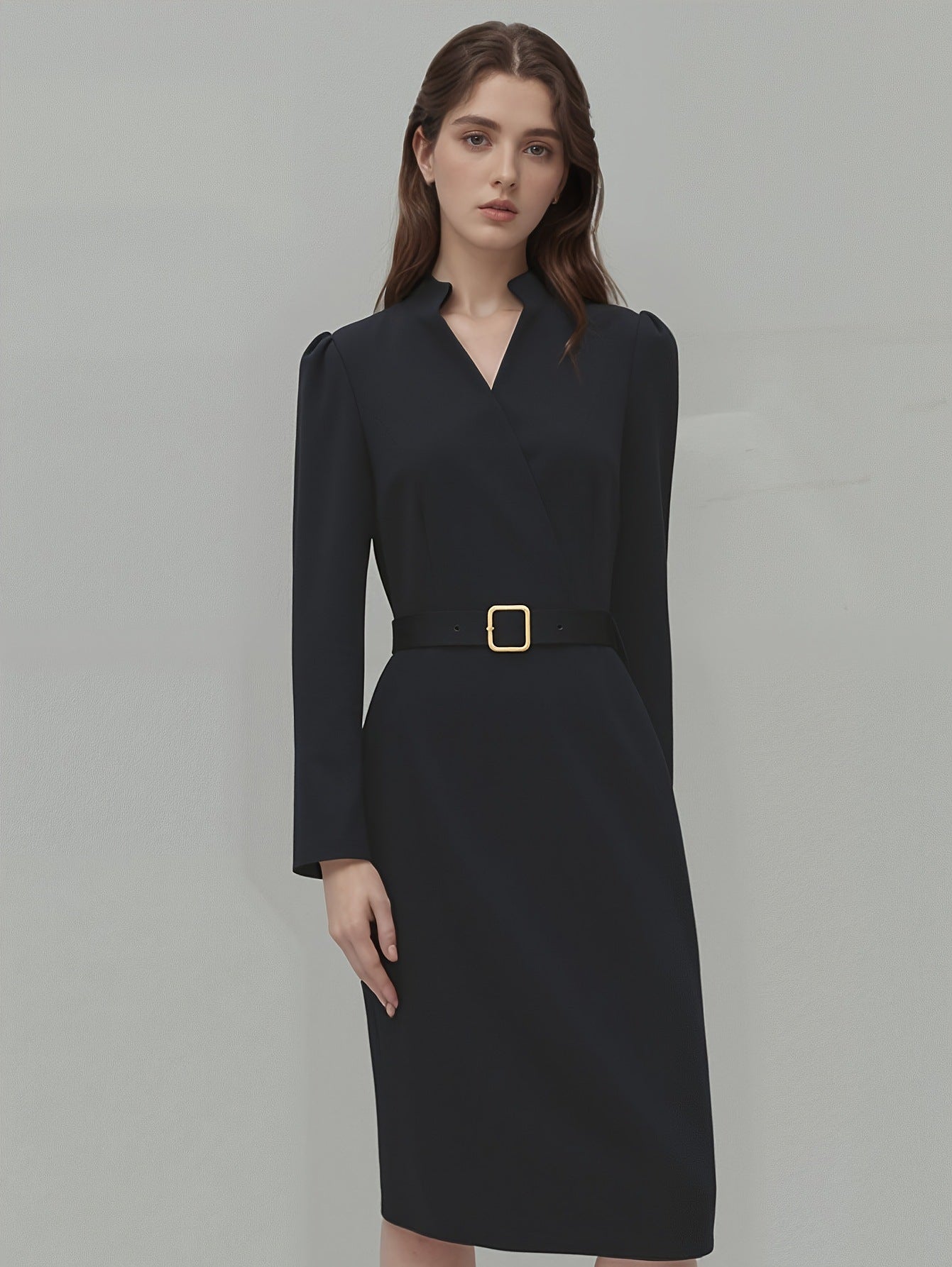 Robe-tailleur décontractée ajustée, col en V, manches longues, pour le bureau
