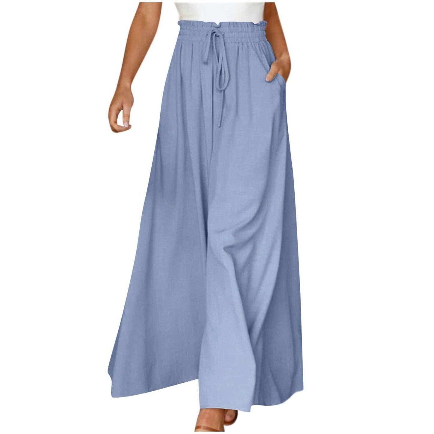 Pantalon long taille haute et large pour femme avec ceinture élastique