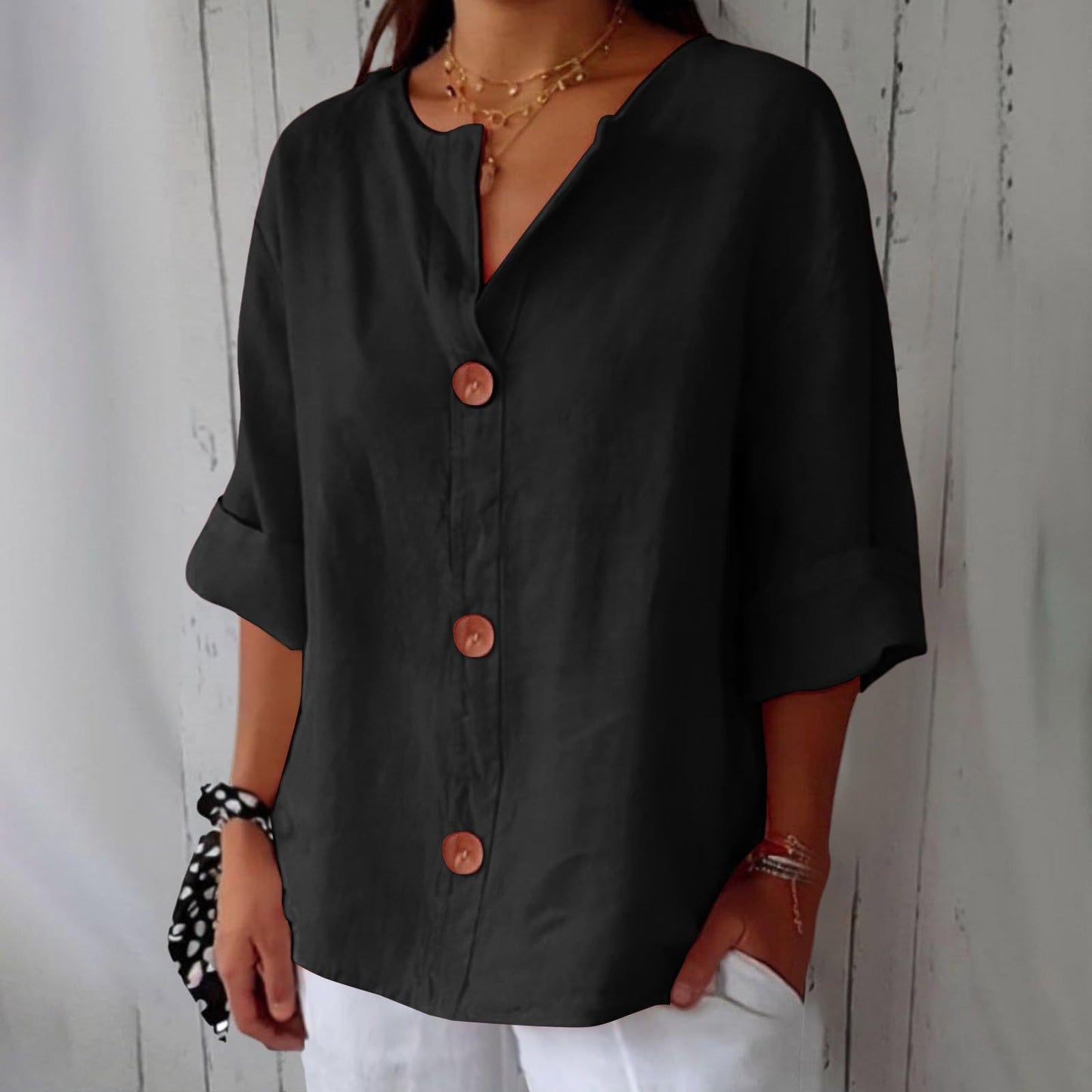 Chemisier boutonné femme en coton et lin col en V