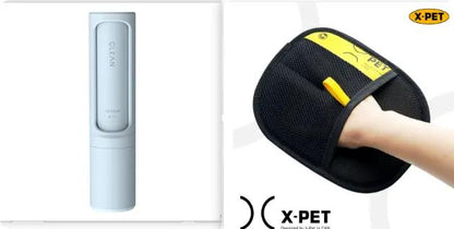 2-in-1 reusable pet hair remover brush and lint roller; blue self-cleaning device with X-PET fur remover