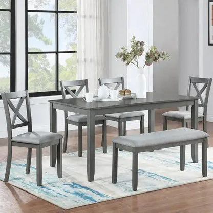 AdTec 6-piece gray dining set with a rectangular table, four upholstered chairs, and a bench.