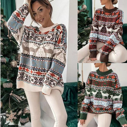 Suéter de manga larga de cuello redondo holgado con estampado jacquard con motivo navideño para mujer