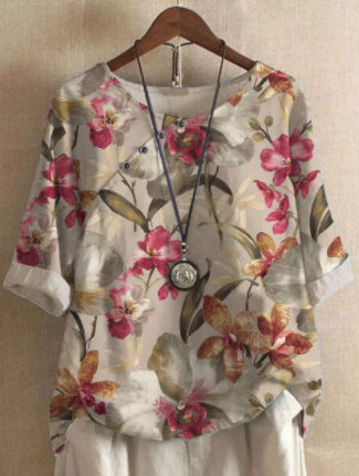Camisa holgada estampada de moda de algodón y lino para mujer
