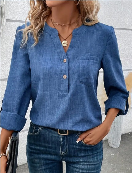 Chemisier Col V Avec Poches,Design Élégant Et Classique,Lavable Et Séchable En Machine,Convient Pour Le Printemps,L'Été Et L'Automne