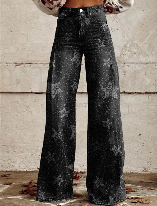 Pantalones de pata ancha, transferencia térmica, tipo campana, simulación de vaqueros