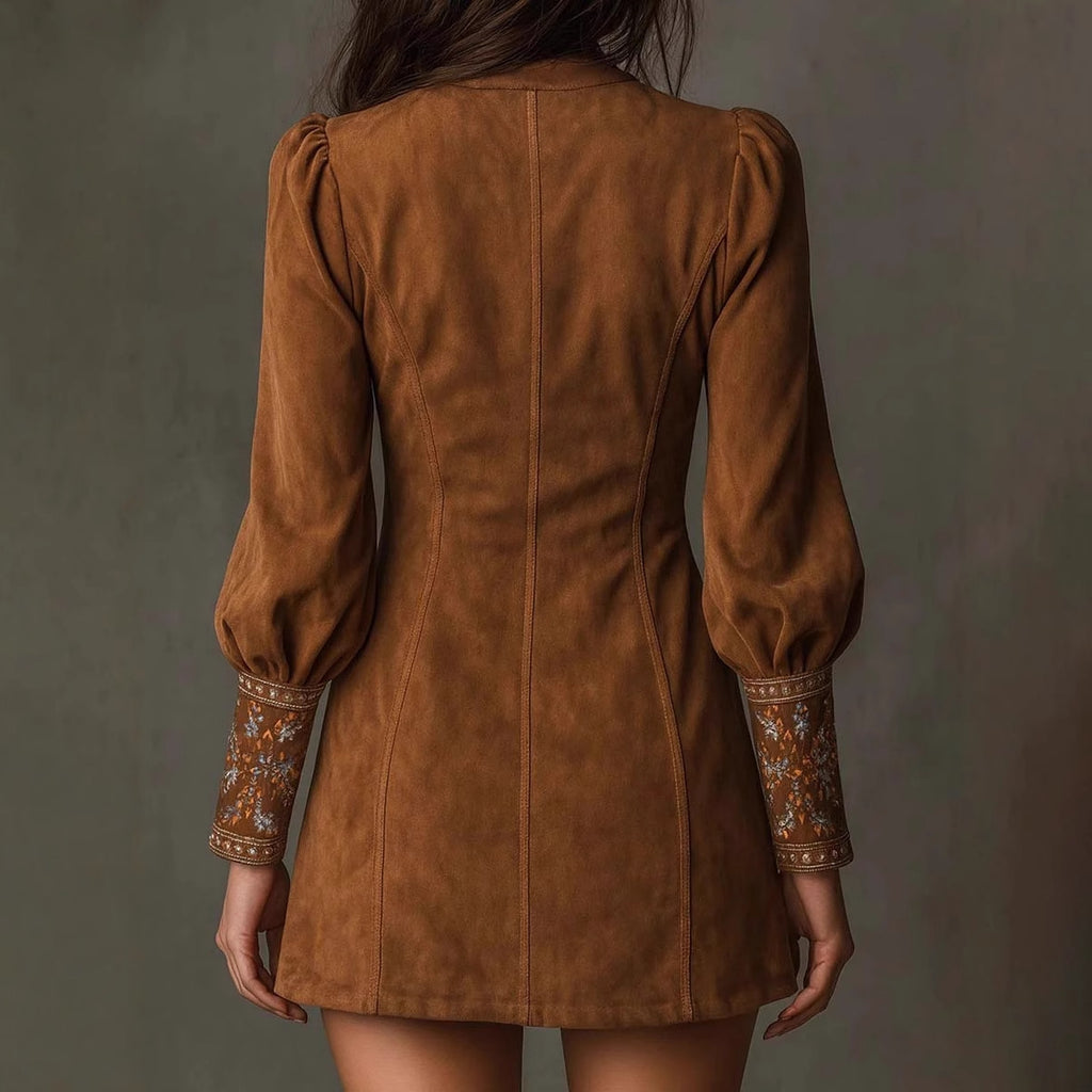 Vestido sexy bordado de manga larga y escote en V para mujer europea y americana