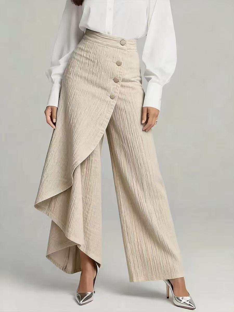 Pantalones únicos de pernera recta a la moda con volantes grandes y botones, pantalones de mujer, ropa vaquera de imitación