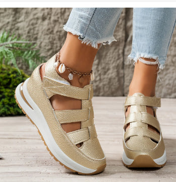 Chaussures d'été compensées creuses Baotou respirantes pour femmes