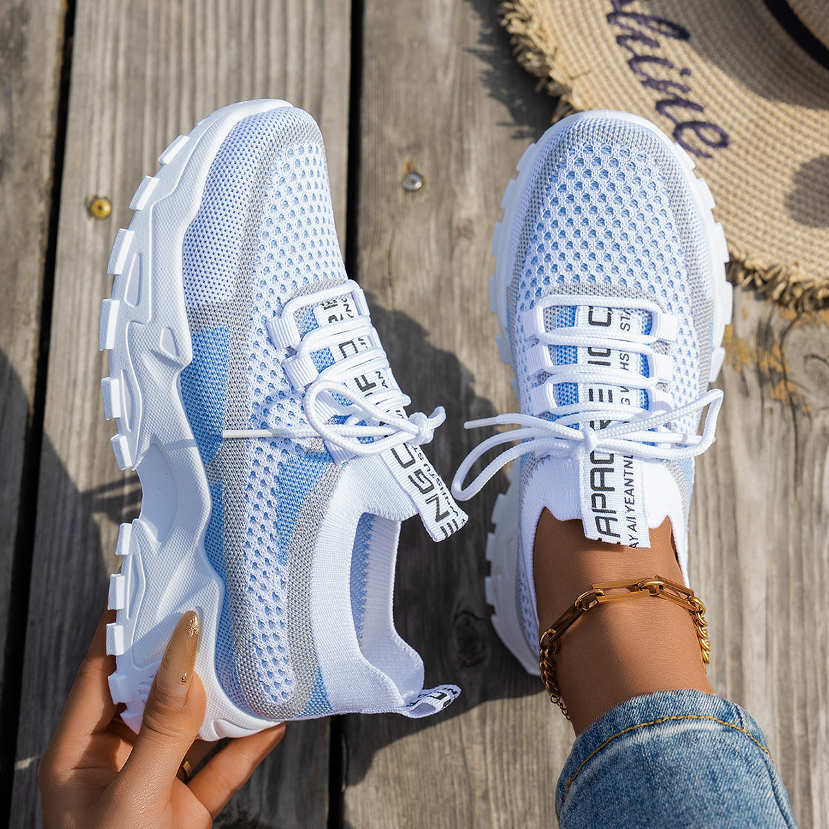 Zapatillas de malla Flyknit para mujer, transpirables, con cordones, para caminar, correr, informales