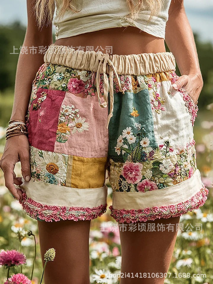 Pantalones cortos casuales de mujer con estampado floral retro europeo y americano