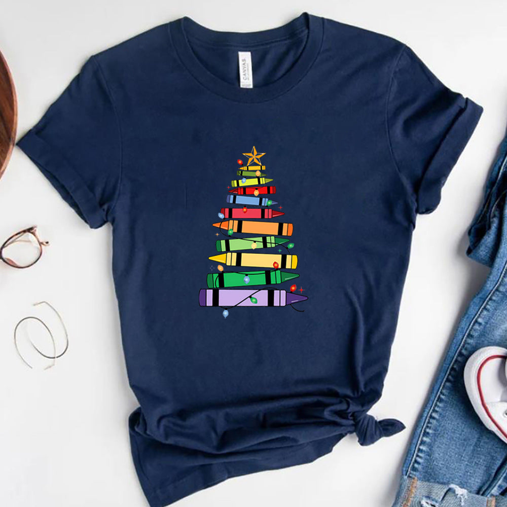 Camiseta de mujer con diseño de árbol de Navidad de crayones