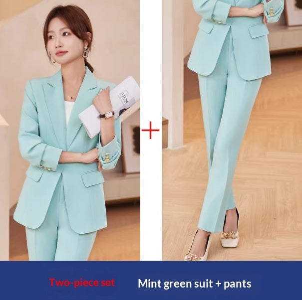 Traje casual de 2 piezas, chaqueta tipo blazer con solapa y botones, y pantalones de pierna recta. Conjunto de ropa de oficina para negocios y traslados.