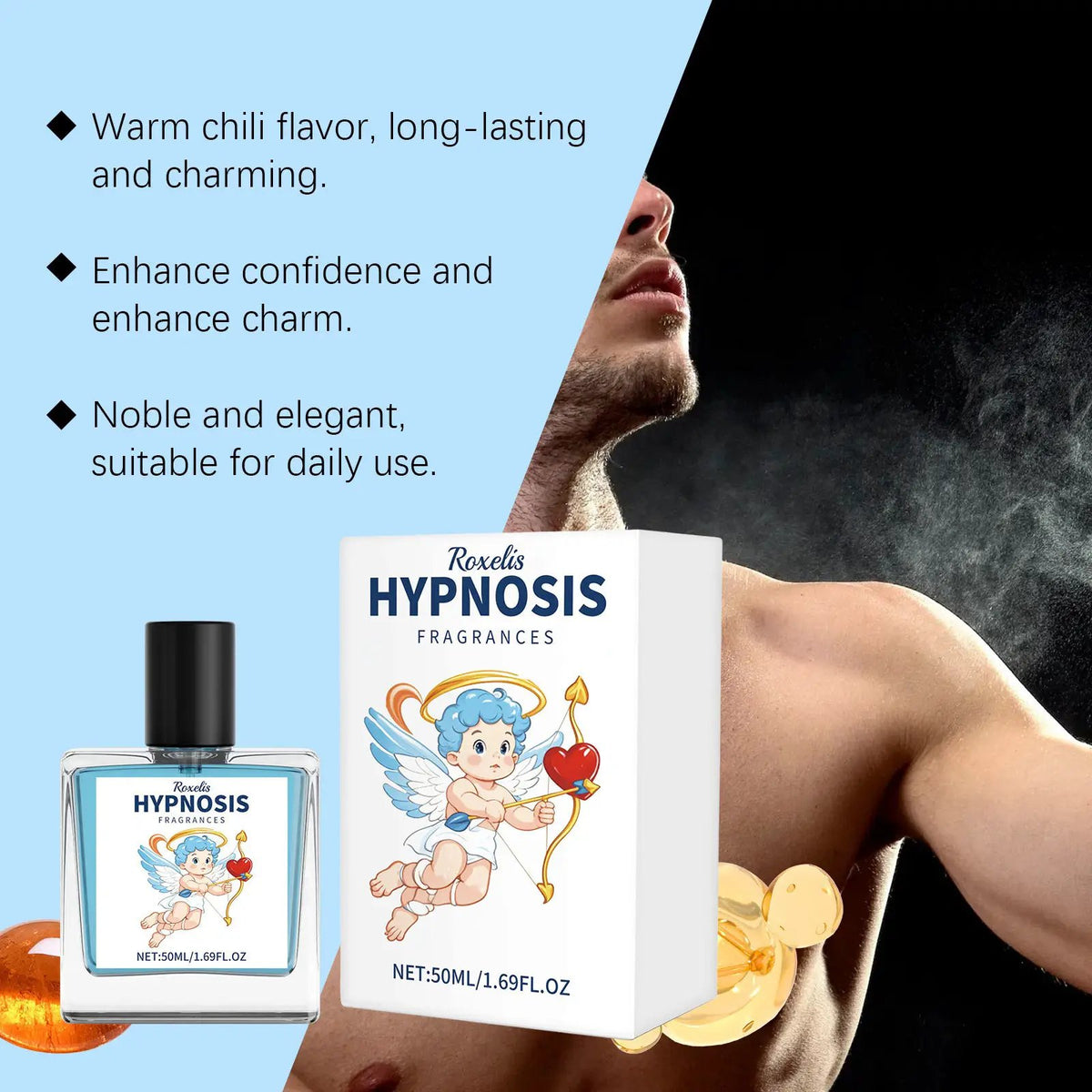 AdTec mens pheromone perfume bottle with blue liquid and matching white box featuring angel artwork