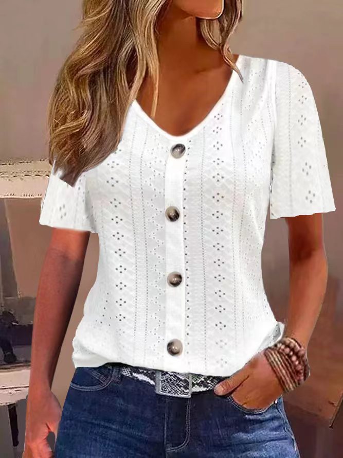 Haut t-shirt col V jacquard manches courtes uni à boutons