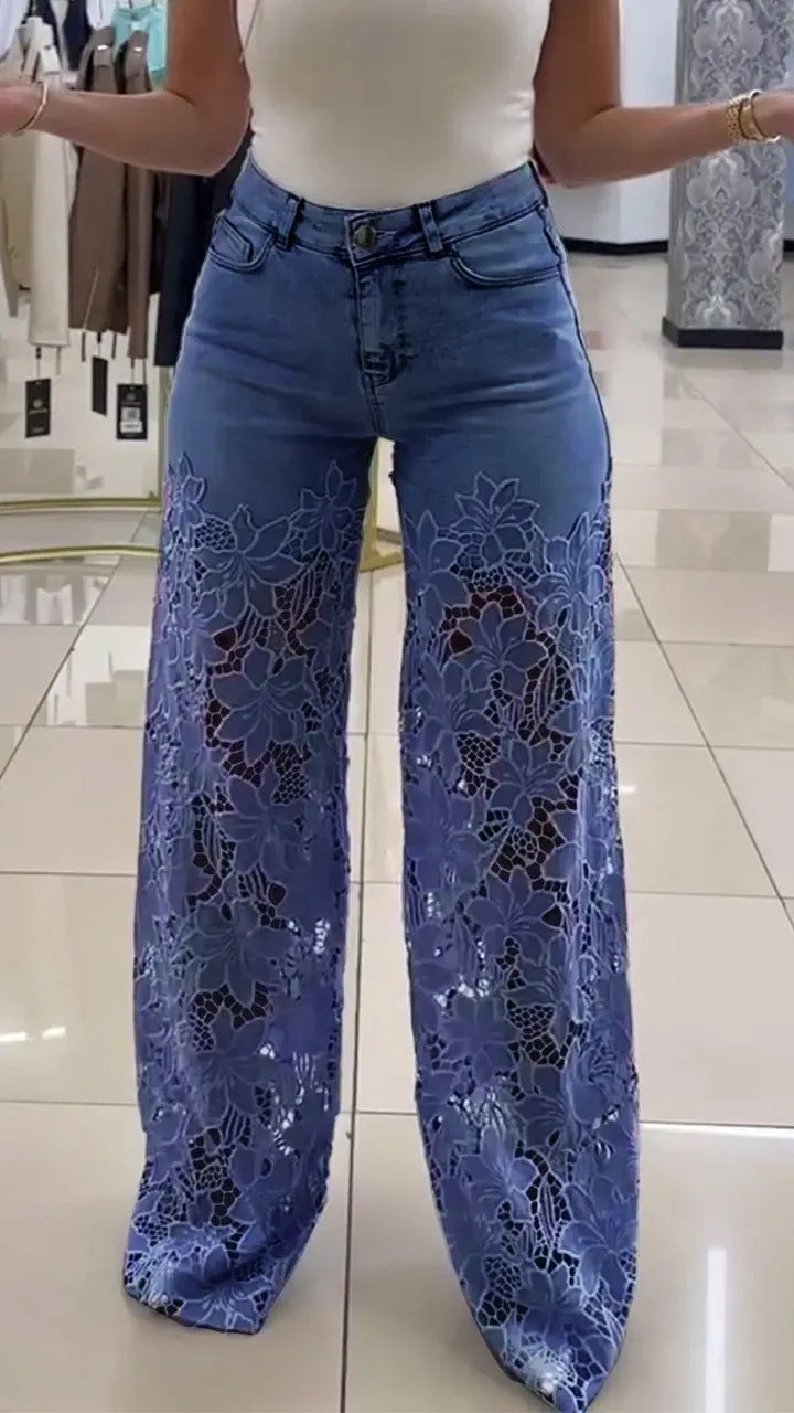 Vaqueros vaqueros de retales a la moda para mujer con detalles de encaje calado