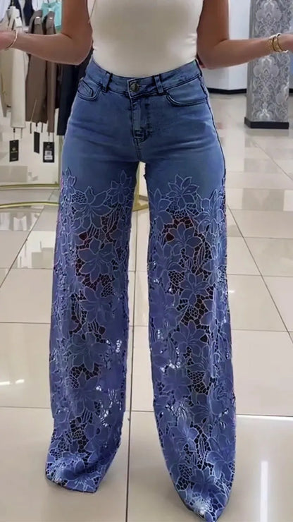 Jeans en jean patchwork tendance pour femmes avec détails en dentelle ajourée
