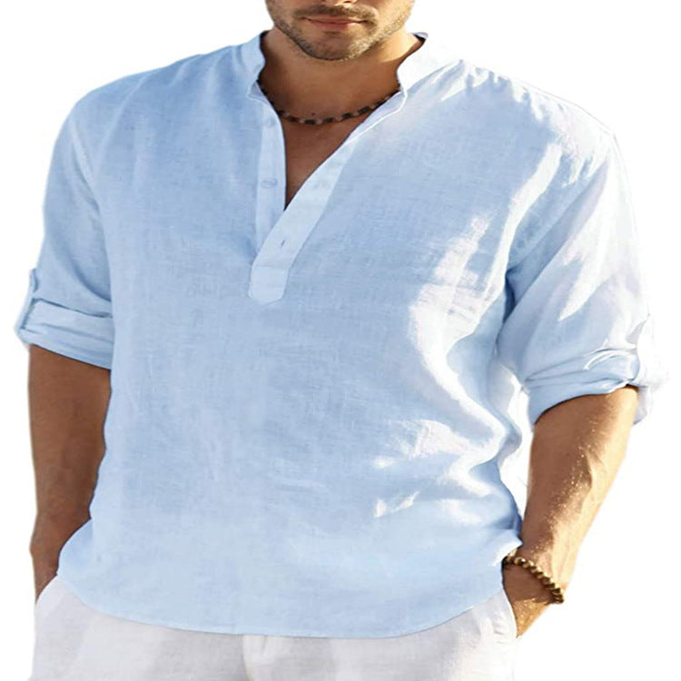 Camisa de manga larga de algodón y lino para hombre, color sólido, cuello levantado, holgada