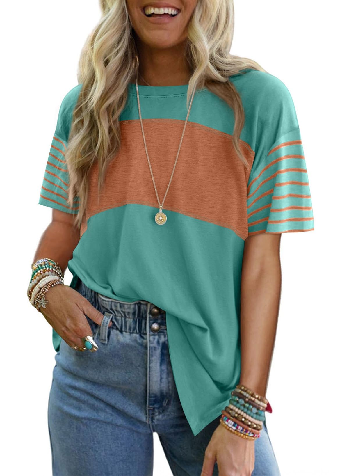 T-shirt à manches courtes rayé et color-block décontracté à col rond pour femme