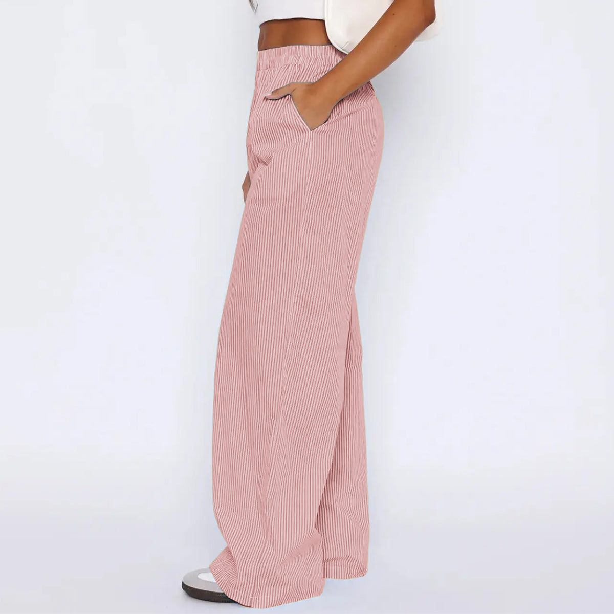 Pantalones de rayas con bolsillos Ins Pantalones anchos rectos informales de moda para mujer