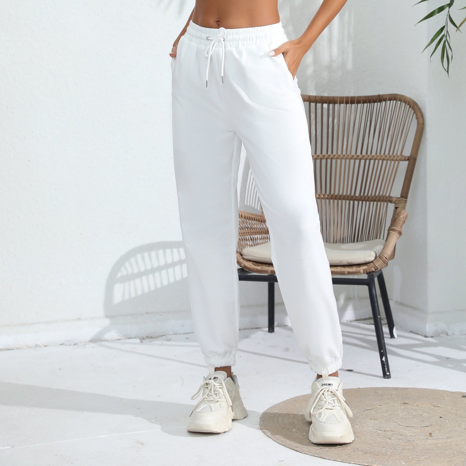 Pantalon de jogging décontracté en molleton uni avec fourrure, taille haute, ample et fuselé, pour la maison
